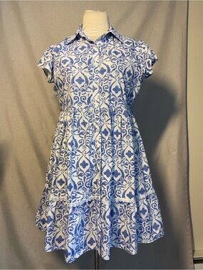 Lapogee Blue and White Patterned Shirt Dress. Size L.